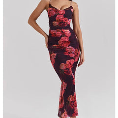 Sexy Women Vintage Floral Print Mesh Sling Long Dress Side Ruching Back Hem Slit Female Summer Dresses Bodycon Robe