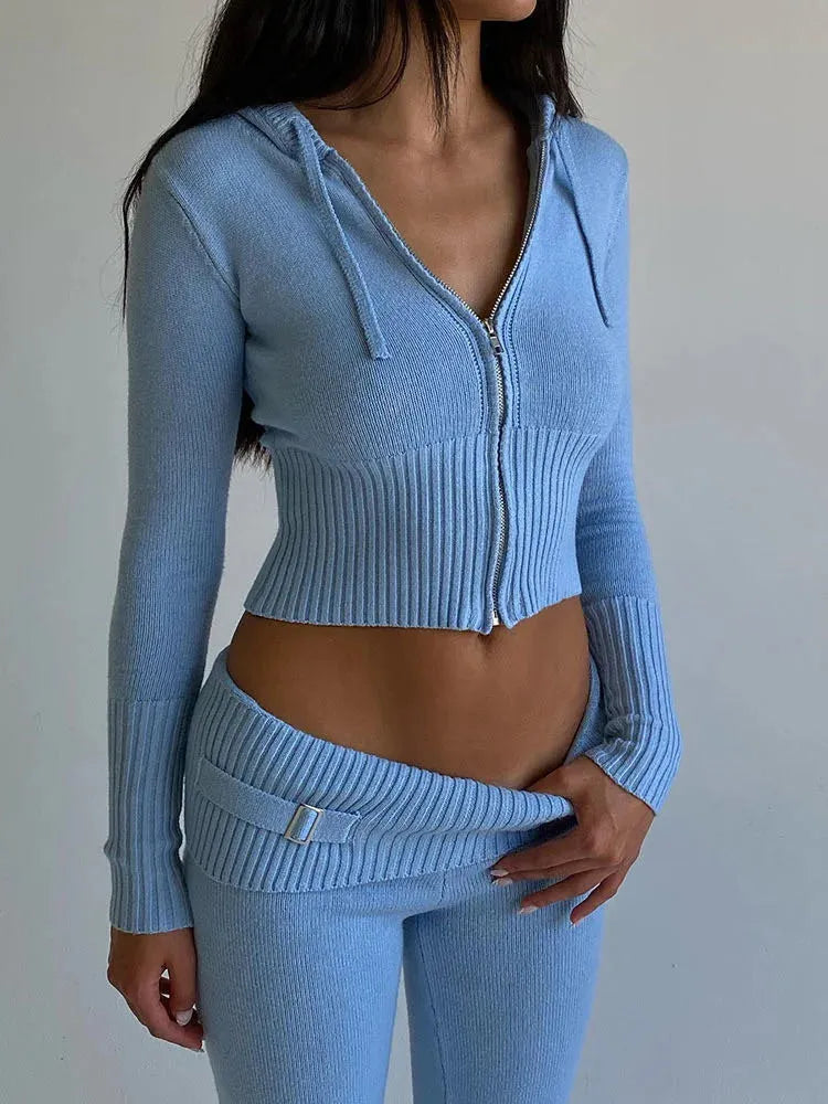 Solid Knitted 2 Piece Sets Women Tracksuit Long Sleeve Zipper Hooded Sweater Jackets Crop Top Flare Pants Stretchy Matching Suit voguable