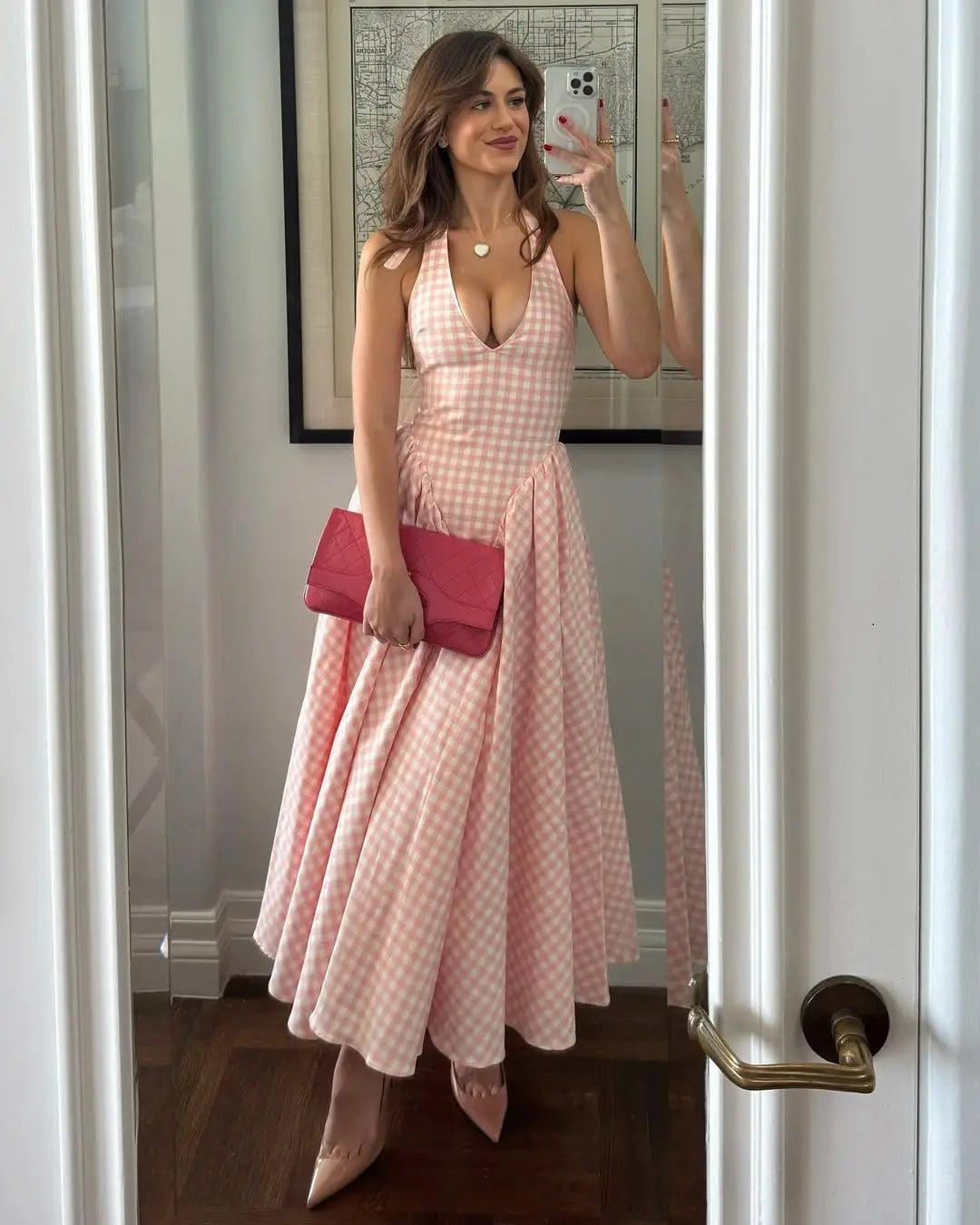 Summer Women Sexy Backless Pink Plaid Halter Dress Low Waist Elegant Party Dresses Holiday Robe voguable
