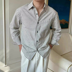 New American Retro Men Shirts Light Luxury Textured Lapel Plaid Long Sleeve Cardigan Leisure Trendy Premium Check Blouse M-2XL voguable