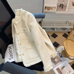 Fashion Tweed Jacket Women Winter Thick Warm Single Breasted O Neck Coats Korean Elegant Office Lady All Match Outwear Mujer New voguable