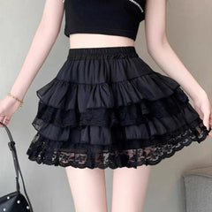 Elastic Gothic Lace Tutu Skirt Women Black Mesh Detail Petticoat Sexy Mini Tulle Skirts Party Club Wear Dancer voguable
