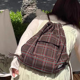 Drawstring Vintage Pleated Women Backpacks Y2k Aesthetic Plaid Grunge Shoulder Bags High-capacity Harajuku Handbags Crossbody voguable