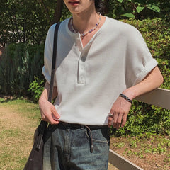 New Fashion Korean Style Men T-shirt Light Luxury Henry Collar Tops Casual Loose High Quality Solid Color Half Sleeve Tees M-2XL voguable