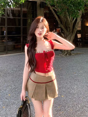 Voguable Harajuku 2000s Aesthetic Outfits 2 Piece Skirt Set Gyaru Off Shoulder Red Tank Top + Japanese Vintage Pleated Skirt Coquette Y2K voguable