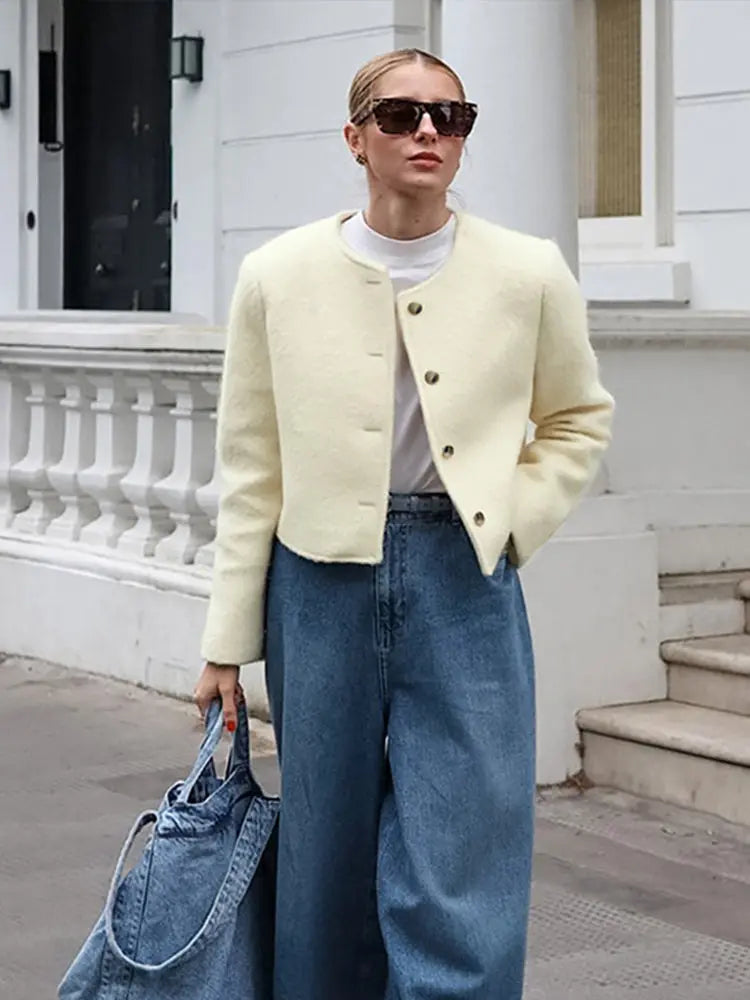 Women Elegant Solid Single Breasted Cropped Jacket Autumn Lady Long Sleeve O-neck Short Coat Fashion Female Commuting Outerwear voguable