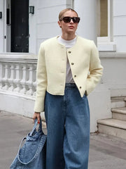 Women Elegant Solid Single Breasted Cropped Jacket Autumn Lady Long Sleeve O-neck Short Coat Fashion Female Commuting Outerwear voguable