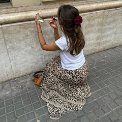 TARUXY Summer New Leopard Printed Maxi Skirt Women's Ruffled Patchwork Fashion Loose High Waist Bandage Female Club Party Skirt voguable