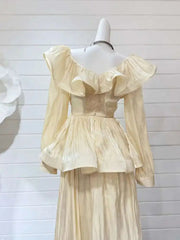 Solid Ruffles Women's 2 Piece Sets V Neck Long Sleeve Shirt High Waist Skirts Loose Elegant Set Autumn 2025 New voguable