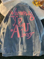 Voguable Denim Jacket Womens Clothing Autumn Winter Korean Printed Jeans Coat Female Retro Pop Street Loose Denim Top voguable
