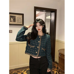 Vintage Cropped Tweed Jacket Women Elegant Blazer Korean Single Breasted Short Coats Autumn Winter Chic Suit Outerwear New voguable