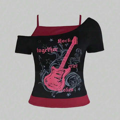 Y2k Slim Fit Print Tops Women Off Shoulder Short Sleeve Tee Shirt Neploe American Vintage Fake Two Piece Halter Lace Up T-shirts voguable