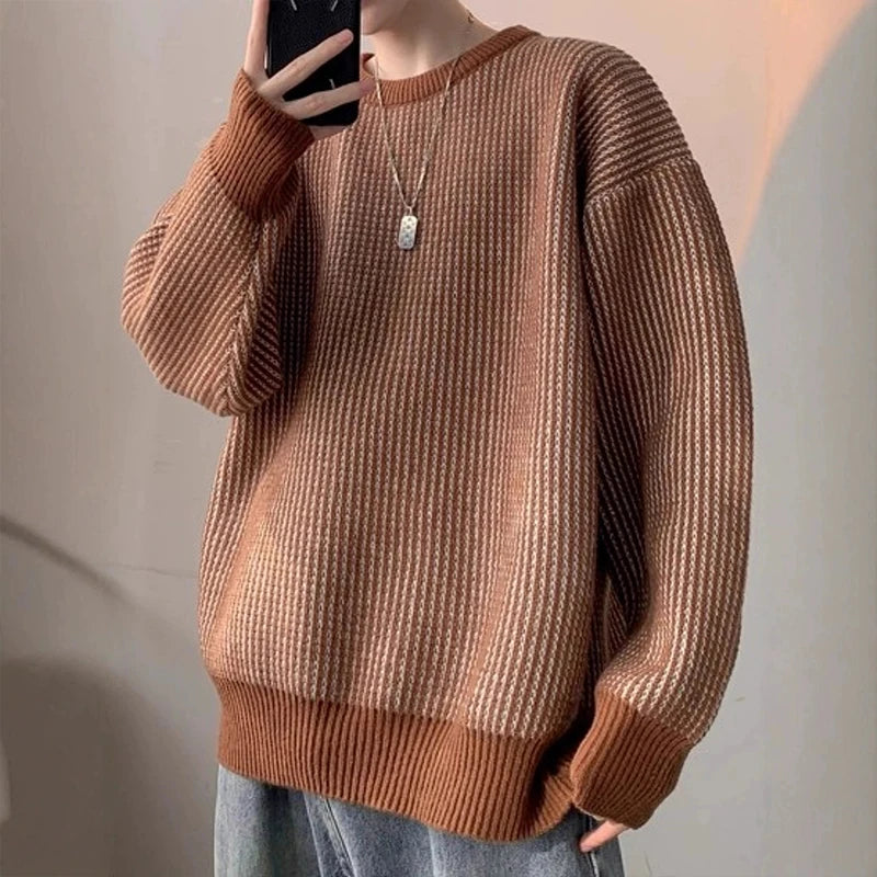 New Japanese Trendy Men Sweater High Street Patchwork Knitted O Neck Long Sleeve Pullover Casual Loose Premium Quality Knitwear voguable