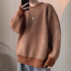 New Japanese Trendy Men Sweater High Street Patchwork Knitted O Neck Long Sleeve Pullover Casual Loose Premium Quality Knitwear voguable