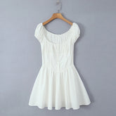 New Women Short Sleeve Square Neck Slim Cotton White Dress Ladies Low Waist Summer Mini Dresses Party Robe