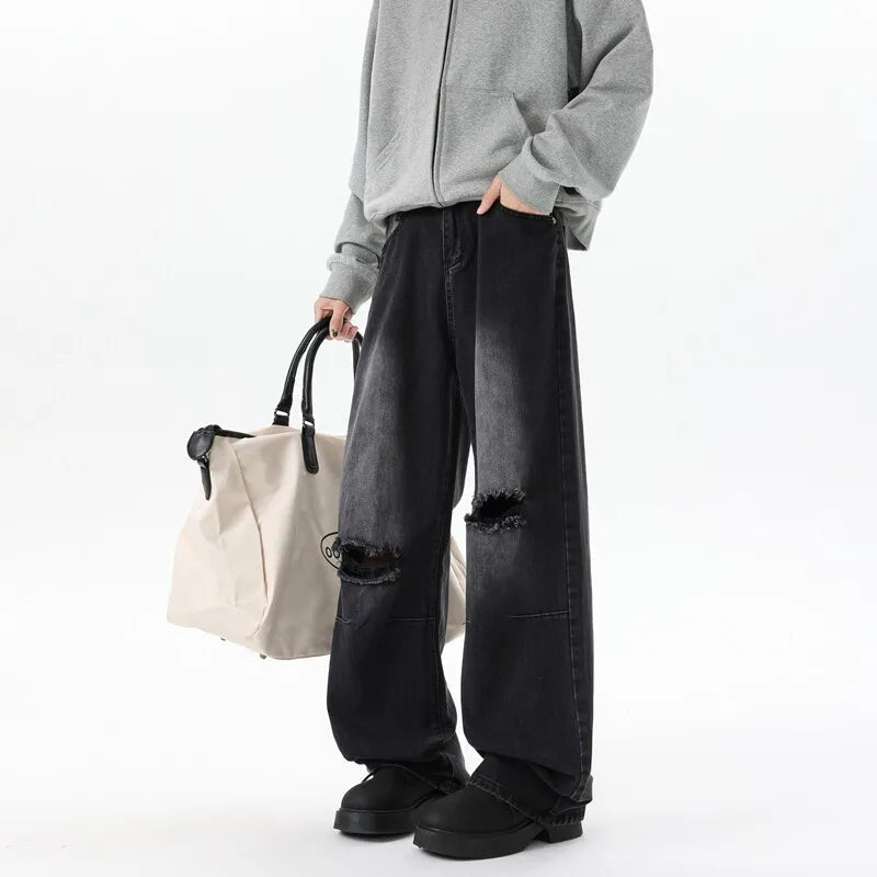 Straight Loose Wide Leg Jeans Mens Washed Classic Trousers Ripped Destroyed Drag Floor Length Bulk Wholesale Trendy Streetwear voguable