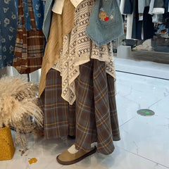 Asymmetrical Prairie Chic Bohemia Sweet Patchwork Panelled Plaid Women Autumn Winter New High Waist Casual Lace Aesthetic Skirts voguable