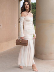 Off-shoulder Strapless Sexy Maxi Dress Women Summer New Patchwork Backless Long Sleeve Pleated Long Dress Elegant voguable