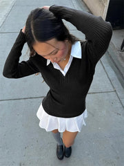 Fashion Knit Slim Mini Dress Women Ribbed Lapel 2 Piece-Set Decoration Patchwork Party Dress Knitwear Female Spring Dress