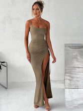 Drawstring High Slit Dress Women Sexy One Shoulder Slim Elastic Maxi Bodycon Party Pleated Vestidos Female Dresses voguable