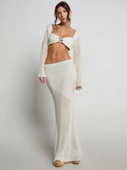 Articat Sexy Lace Up Long Sleeve Casual Knitted Long Dress Set Women's Square Neck Top Long Dress Two Piece Beach Party Set voguable