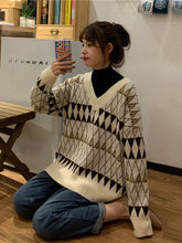 Voguable Sweaters Women Vintage Argyle Korean All-match Chic V-Neck Ladies Pullovers Student Lazy Style Popular Winter Womens Sweater New voguable