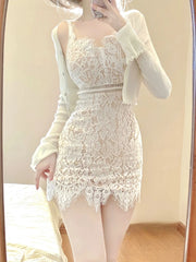 Voguable  Autumn Elegant Lace Clothing Suit Woman Korean Fashion 2 Piece Set Slim Y2k Mini Dress + Casual Short Cardigan Office Lady voguable