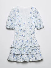 New Women Fashion Lace Embroidery Trims Floral Print Dress Vintage Puff Sleeve Female Sweet Layered Ruffle Mini Dresses