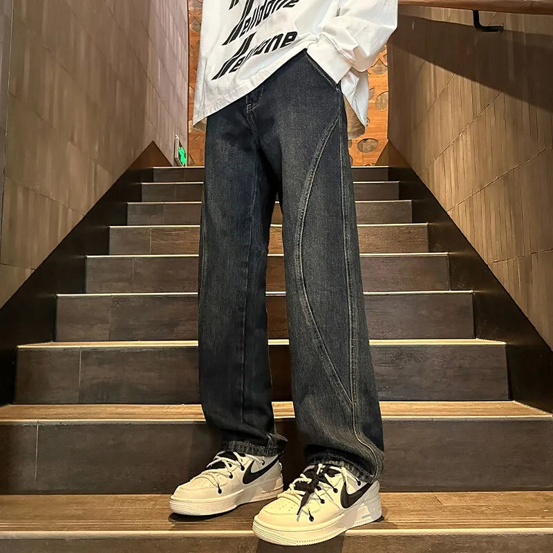 Straight Leg Jeans Men Washed Solid Trousers Panel Design Denim Pants Autumn Fall Male Wear New 2025 High-quality denim pants voguable