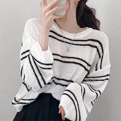 Pullover Women Striped Knit Sweater Comfy Lightweight Long Sleeve Crew Neck Jumper Female Teen-girl Casual Daily Outfit voguable