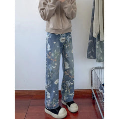 Flower Jeans Men Fashion Retro Printed Jeans Men Streetwear Hip-hop Loose Straight Jeans Men Baggy Vintage Denim Trousers voguable