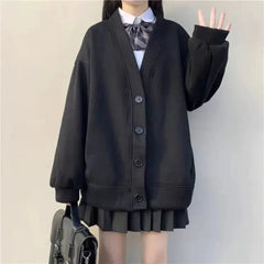 Japanese Preppy Style Autumn Winter New Coats Women V-Neck Solid Pockets Button Fashion Preppy Style Loose Cardigan Jackets voguable
