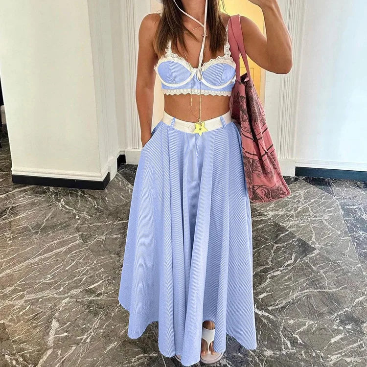 Lace Patchwork Camisole Vest + A-line Skirt Hot Girl Set Women's High Waist Skirt Bras Sweet Blue Beach Summer Two-piece Set voguable