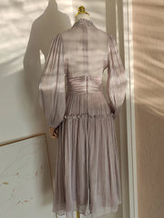 French Niche Design Diamond Spliced Pleats Bright Silk High Waist Dresses For Women Long Sleeve Maxi Dress New voguable