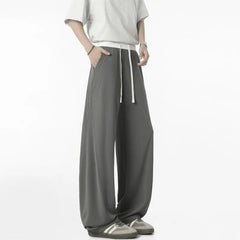 Voguable Men Summer Thin Ice Silk Quick Dry Pants Color Block Curved Wide Leg Clean Fit Flared Straight Trousers With Drawstring Waist voguable