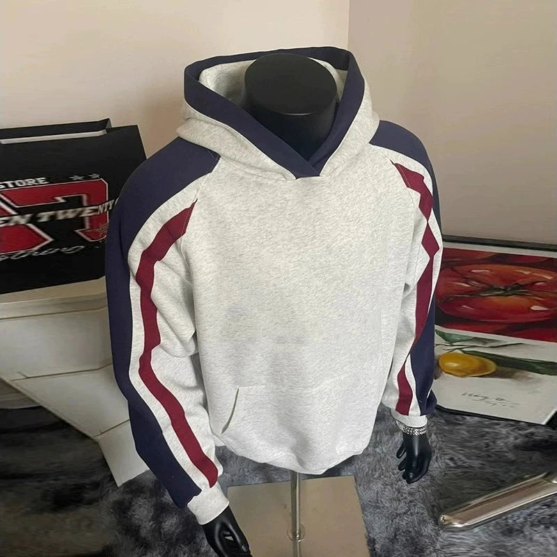 New American Retro Men's Hooded Sweatshirt Casual Harajuku Navy Patchwork Long Sleeve Pullover Autumn High Quality Hoodies M-3XL voguable