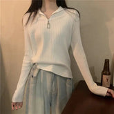 Voguable Polo Collar Zipper Knitted Base Shirt Spring Autumn Long-sleeved T-shirt Women Slim High Waist Top voguable