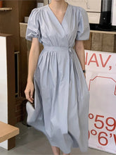 Voguable Summer V-Neck Dress Women Puff Short Sleeve Modis Elegant Ladies Dresses Slim High Waist Korean Ruffle Loose Pleated Woman Dress voguable