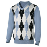 New Japanese Retro Men Sweater Luxury Trendy Plaid Patchwork V Neck Knit Solid Color Pullover Leisure Loose Long Sleeve Knitwear voguable