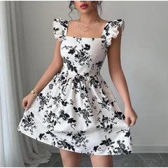 Voguable Summer leopard print lace backless ruffle hem dress voguable