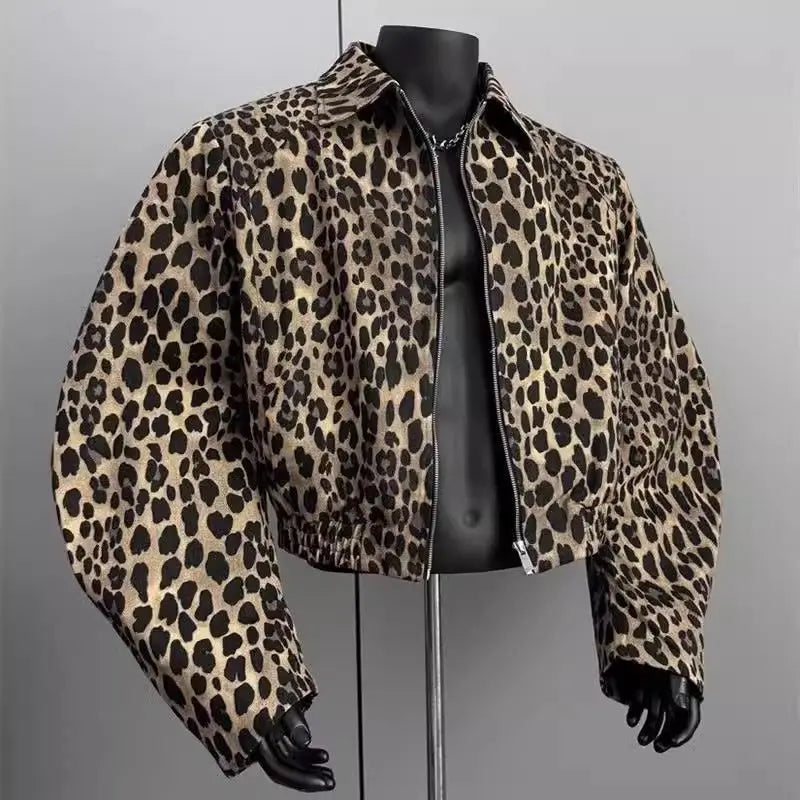 American Retro Leopard Print Jacket Men's Korean Style Style High-end Handsome Short Jacket Trendy High Street Style Denim Top voguable
