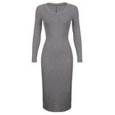 Grey V-Neck Long-Sleeve Slim Split Dress mysite