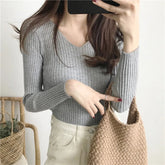 Rib-knit Long Sleeve Top for Women Soft Stretchy V-neck Fitted Knit Top Sweater Pullover Ladies Autumn Winter Layering Outfit voguable