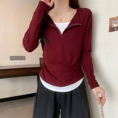 Long Sleeve T Shirt Women Fashion Fake Two Pieces Patchwork Basic Slim Zipper Slimming Bottoming Shirt Retro Red Casual T-shirt voguable