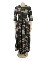 Voguable Spring/Summer New Women's Sexy Slimming Camouflage Printed Large Swing Skirt with Side Waist Belt, Long Dress voguable