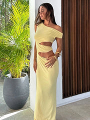 Hollow Sexy Maxi Dress Women Irregular Skinng Ruched Diagonal Collar Sleeveless Vacation Beach Party Fashion Vestidos voguable