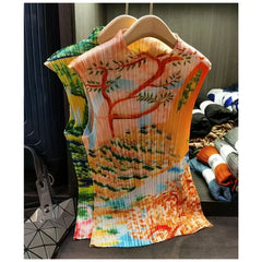 Pleats Original Design T-shirt 2023 Summer Pleated Flower Print Tops Casual Fashion Appear Thin Loose Retro Womens Clothing voguable