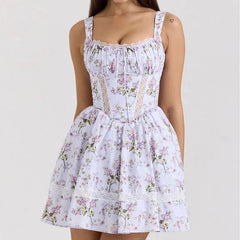 Floral Print Tank Mini Dress Women Lace Spliced O Neck Sleeveless A-line Holiday Casual Summer Dresses Party Robe voguable