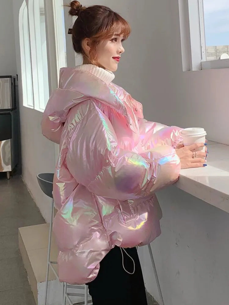 Women's Jacket Colorful Glossy Surface Hooded Cotton Coat Winter Korean Fashion Thicken Parkas Womens Clothing Loose Warm Tops voguable