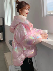 Women's Jacket Colorful Glossy Surface Hooded Cotton Coat Winter Korean Fashion Thicken Parkas Womens Clothing Loose Warm Tops voguable